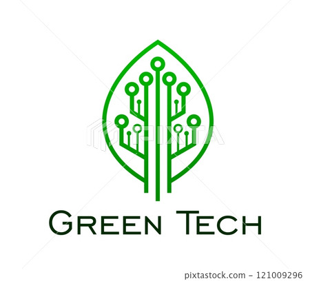 Green tech icon of leaf with chipset circuit for eco technology, vector emblem. Smart digital farm or green tech and digital innovation company sign of leaf with circuit board for biotechnology icon Green tech icon of leaf with chipset circuit for eco technology, vector emblem. Smart digital farm or green tech and digital innovation company sign of leaf with circuit board for biotechnology icon 121009296