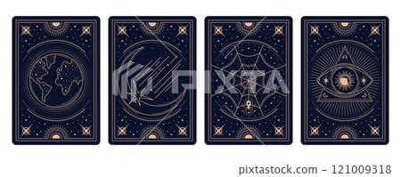 Magic occult Tarot cards with esoteric celestial frames, vector backgrounds. Tarot cards reverse decks and covers with golden frames, magic mystic esoteric sun and moon, stars and freemason pyramid Magic occult Tarot cards with esoteric celestial frames, vector backgrounds. Tarot cards reverse decks and covers with golden frames, magic mystic esoteric sun and moon, stars and freemason pyramid 121009318