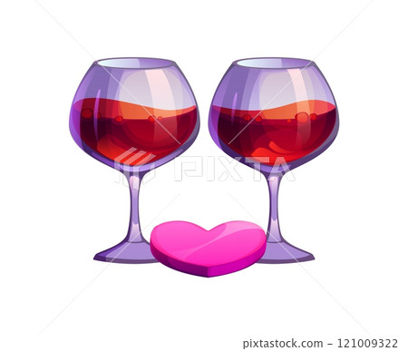Cartoon two wine glasses filled with red wine alongside a pink heart, embodying romance and Valentine Day holiday. Isolated vector pair of glasses, symbol of for love, dating, passion and celebration Cartoon two wine glasses filled with red wine alongside a pink heart, embodying romance and Valentine Day holiday. Isolated vector pair of glasses, symbol of for love, dating, passion and celebration 121009322