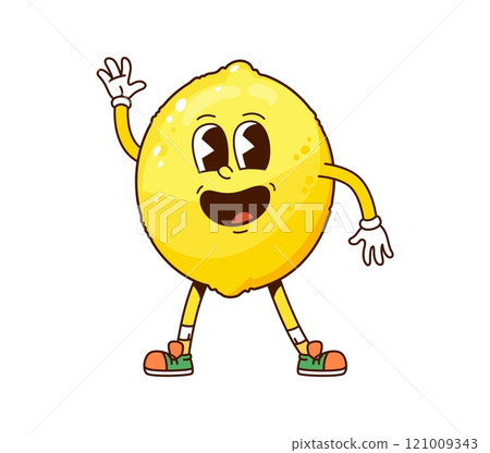 Cartoon funny groovy lemon fruit character smiling. Vector playful exotic yuzu citrus fruit, healthy tropical food personage with lively expression exuding freshness and fun with retro hippie vibe 121009343