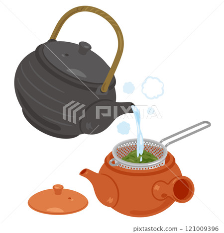 使用濾茶器在茶壺中沖泡綠茶 121009396