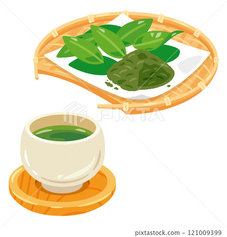 Tea leaves in a colander and a set of fresh tea leaves Tea leaves in a colander and a set of fresh tea leaves 121009399