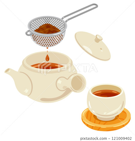 Tea brewed through a tea strainer 121009402