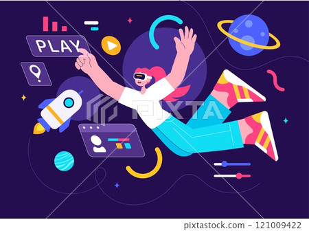 Metaverse Digital Virtual Reality Technology Vector Illustration featuring a Person Wearing VR Glasses for Future Innovation and Communication 121009422