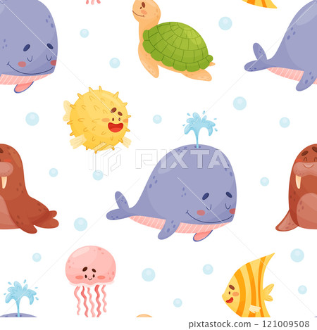 Sea Animal and Marine Underwater Swimming Creature seamless Pattern Vector Template 121009508