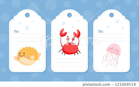 Tag with Sea Animal and Marine Underwater Swimming Creature Vector Template 121009519