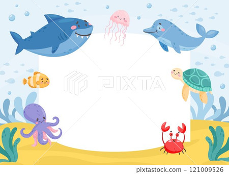 Note Card with Sea Animal and Marine Underwater Swimming Creature Vector Template 121009526