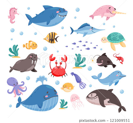Sea Animal and Marine Underwater Swimming Creature Vector Set 121009551