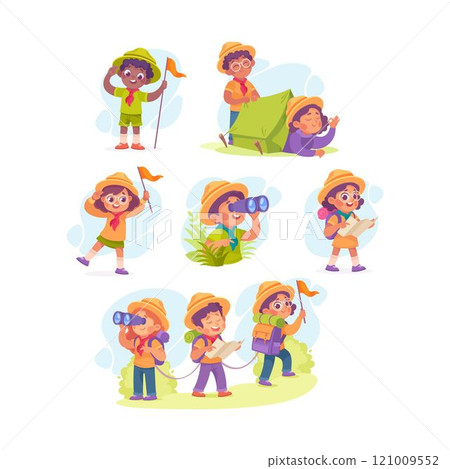 Boy and Girl Scout Character in Hat Vector Illustration Set Boy and Girl Scout Character in Hat Vector Illustration Set 121009552