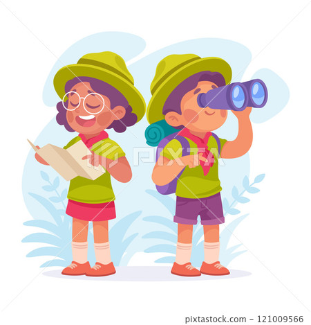 Boy and Girl Scout Character in Hat with Map and Binoculars Vector Illustration 121009566