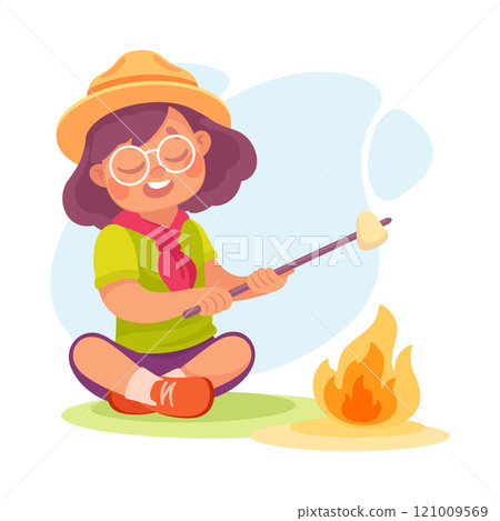 Girl Scout Character in Hat Sit and Frying Marshmallow with Burning Fire Vector Illustration Girl Scout Character in Hat Sit and Frying Marshmallow with Burning Fire Vector Illustration 121009569