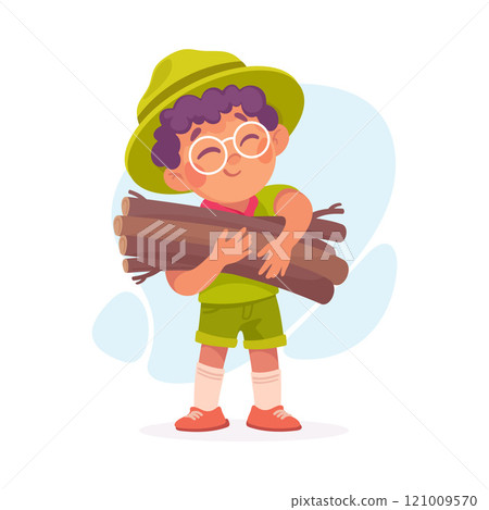 Boy Scout Character in Hat Carry Brushwood Vector Illustration 121009570