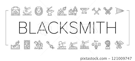 blacksmith forge anvil hammer icons set vector 121009747