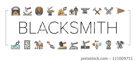 blacksmith forge anvil hammer icons set vector 121009751