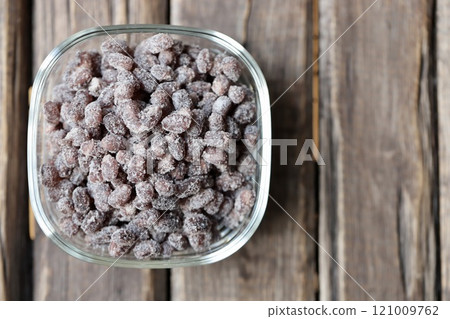 Amanatto, a Japanese sweet made from Hokkaido-grown red beans in a glass container 121009762