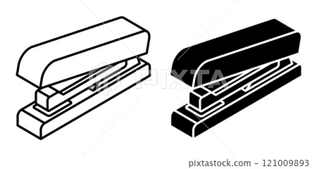 Linear icon, isometric office staplers for joining sheets of paper with staples. Simple black and white top view vector isolated on white background Linear icon, isometric office staplers for joining sheets of paper with staples. Simple black and white top view vector isolated on white background 121009893