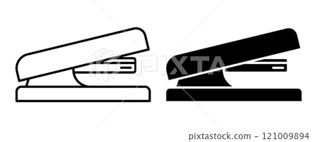 Linear icon, office staplers for joining sheets of paper with staples. Simple black and white vector isolated on white background Linear icon, office staplers for joining sheets of paper with staples. Simple black and white vector isolated on white background 121009894