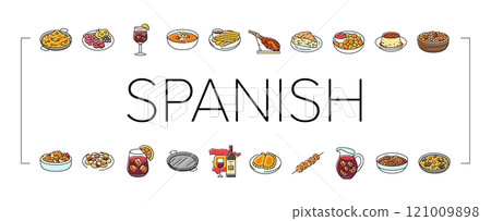 spanish cuisine food paella tapas icons set vector 121009898