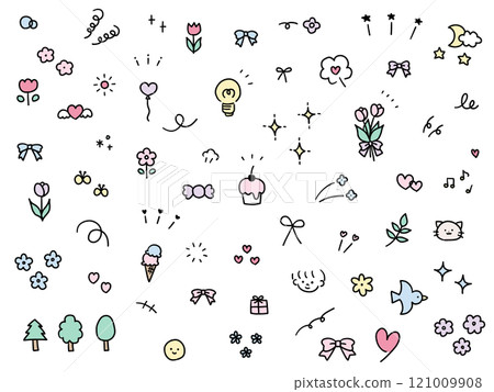 手繪裝飾插圖的向量插圖集。手繪,集中線條,注意力,星星,心,絲帶 手繪裝飾插圖的向量插圖集。手繪,集中線條,注意力,星星,心,絲帶 121009908