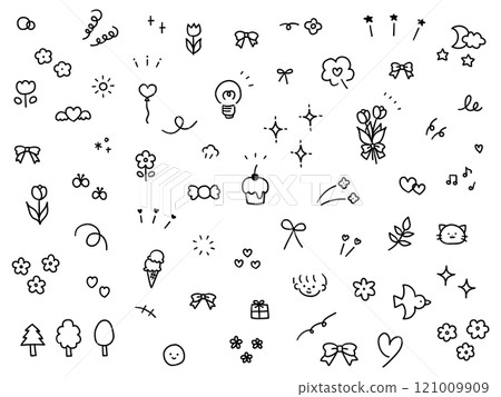 A vector illustration set of hand-drawn decorative illustrations. Hand-drawn, focused lines, attention, stars, hearts, ribbons 121009909