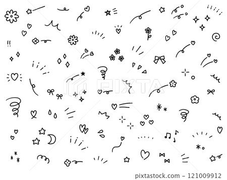 A vector illustration set of hand-drawn decorative illustrations. Hand-drawn, focused lines, attention, flowers, hearts, ribbons 121009912