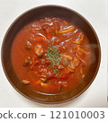 Tomato soup in a wooden bowl 121010003