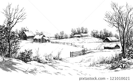 Winter Rural Landscape Detailed Vintage Engraving Illustration on White Background with Intricate Texture Classic Scenery Art Antique Style Snowy Countryside Graphic Nature Design 121010021