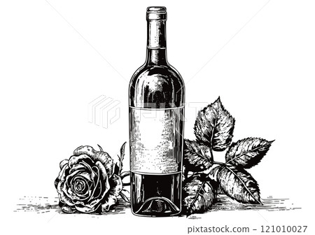 Wine Bottle and Rosebud Detailed Vintage Engraving Illustration on White Background with Intricate Texture Classic Beverage Art Antique Style Romantic Floral Graphic Vintage Wine 121010027