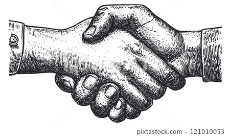 Shaking Hands Detailed Vintage Engraving Illustration on White Background with Intricate Texture Classic Gesture Art Antique Style Symbol of Agreement Graphic Human Connection 121010053