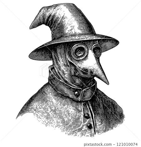 Plague Doctor Portrait Detailed Vintage Engraving Illustration on White Background with Intricate Texture Classic Historical Art Antique Style Medical Figure Graphic Pandemic 121010074