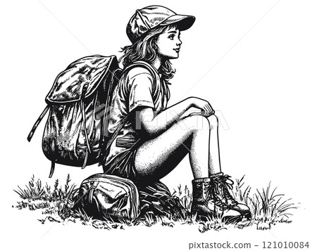 Hiker Girl Sitting on a Rock Detailed Vintage Engraving Illustration on White Background with Intricate Texture Classic Outdoor Art Antique Style Female Adventurer Graphic Nature 121010084