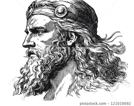 God Thor Portrait Detailed Vintage Engraving Illustration on White Background with Intricate Texture Norse Mythology Art Antique Style Legendary Figure Graphic Vintage Viking God 121010092
