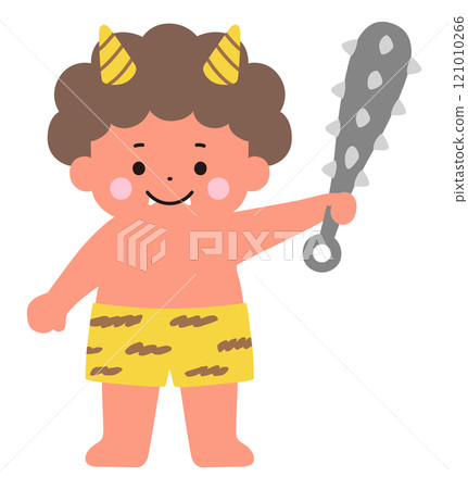 Vector illustration of a cute demon. Setsubun, horns, golden club Vector illustration of a cute demon. Setsubun, horns, golden club 121010266