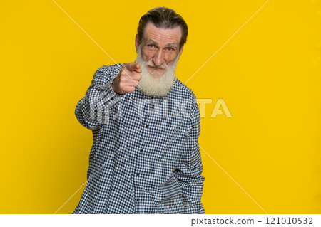 Strict unhappy senior man pointing finger to camera looking angry making choice accusing for mistake 121010532
