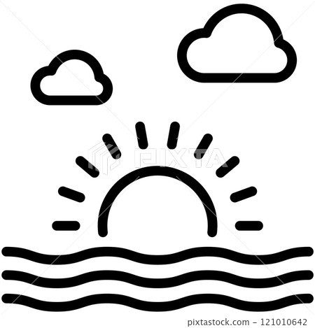 Ocean sunset line icon. Water waves, sun and clouds outline vector sign. Nature seascape linear style pictogram. Symbol, logo illustration. Editable stroke. Ocean sunset line icon. Water waves, sun and clouds outline vector sign. Nature seascape linear style pictogram. Symbol, logo illustration. Editable stroke. 121010642