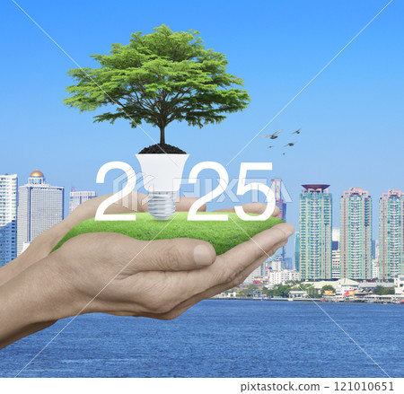 Happy new year 2025 green ecology and saving energy concept 121010651