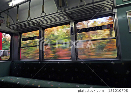 Autumn leaves passing by the train window Autumn leaves passing by the train window 121010798