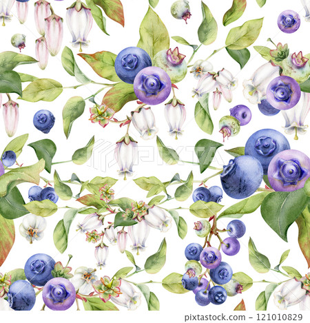 Blackberry blueberry with white bell flowers, green leaves, hand drawn in watercolor, forest berry on branches. Seamless pattern garland illustration for restaurant, cafe menu, wedding, farmers market 121010829