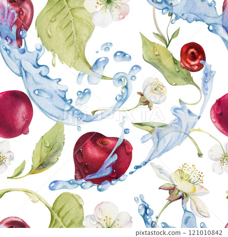 Sweet sour cerise cherry flying in water, waves splashes drops, watercolor hand drawn, ripe red berry leaves white flowers. Seamless pattern tile illustration. Restaurant dessert menu, farmers market 121010842