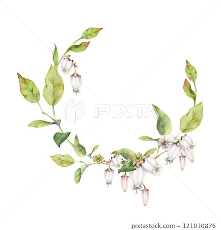 Blueberry white pink bell flower and bud with green leaves on branches, hand drawn in watercolor, wildflower botanical illustration. Isolated wreath frame, for wedding, florist shop, scrapbooking 121010876