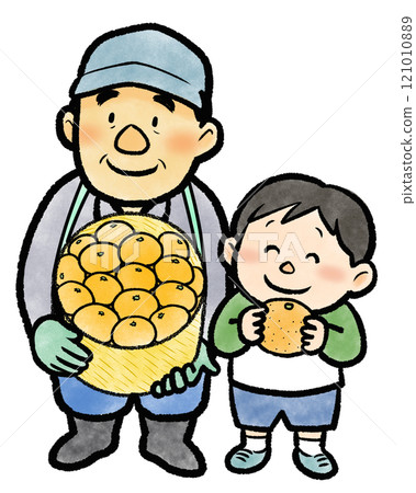 農民伯伯和孩子正在採摘柑橘 121010889