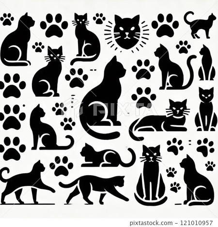 Cute cat silhouette & paw icon 121010957