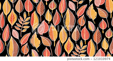 Seamless autumn leaf pattern with vibrant orange, yellow, and red tones on a black background. Perfect for fall-themed designs, textiles, wallpapers, packaging, and seasonal marketing materials. 121010974