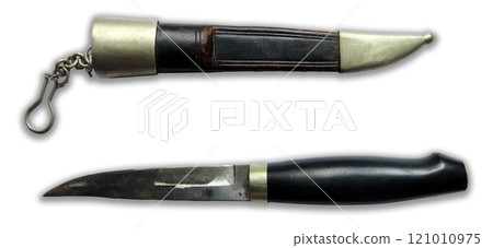 This antique dagger, featuring a polished blade and elegant scabbard, highlights intricate details and craftsmanship typical of historical weaponry, inviting exploration of its rich background. 121010975