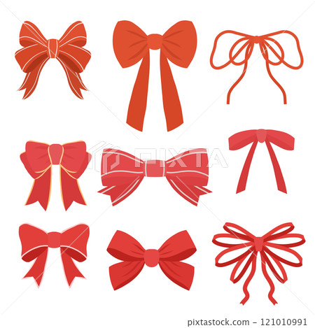 Vector set of red vector bows in a flat style. Festive collection of ribbons for invitations and cards Vector set of red vector bows in a flat style. Festive collection of ribbons for invitations and cards 121010991