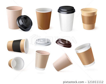 Realistic coffee paper cup. Caffeine drink or tea disposable mug, cardboard cups holder hot espresso craft plastic takeaway to go package mockup template, exact vector illustration 121011112
