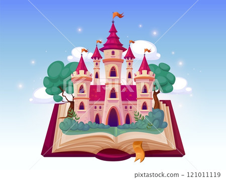 Open fairytale book. Storybook with fairy tale castle knight or princess, magic fantasy story reading books imagination concept kindergarten storytelling swanky vector illustration 121011119