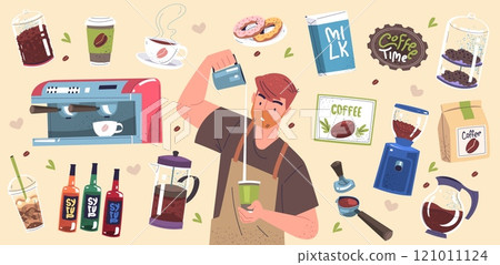 Barista stickers. Cartoon baristas working equipment, coffee maker vintage machine cafe business espresso mug preparation milk aromatic hot drink, set classy vector illustration 121011124