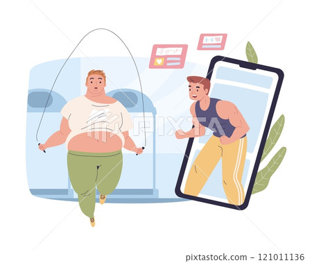 Online trainer. Sport exercises for weight loss with personal fitness instructor in smartphone app, fat man jumping rope in gym sporting coach workout training vector illustration 121011136