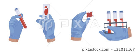 Blood tube analysis. Bloods filling glass vial tubes in nurse hands gloves for medical hiv or diabetes test, biochemistry chemical lab experience testing vector illustration 121011167